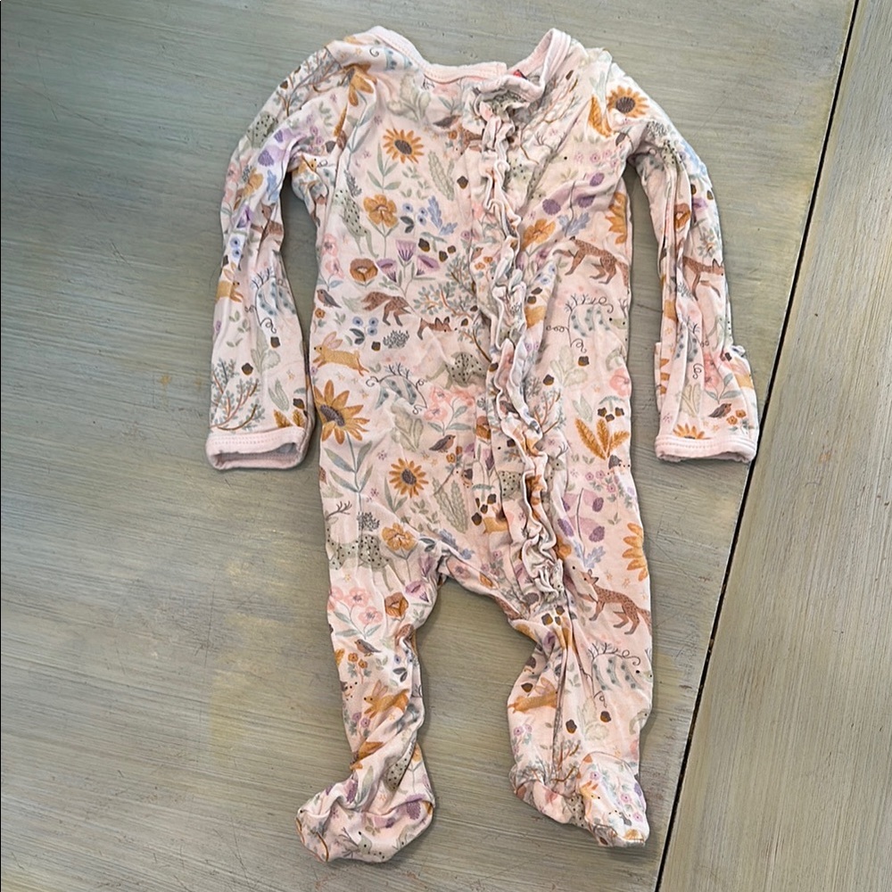Magnetic Me Floral Ruffled Footie - Pink w/ Whimsical Garden Motif
